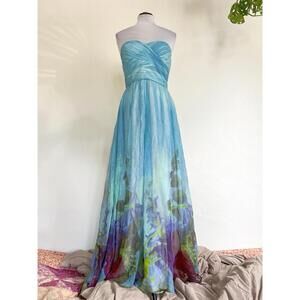 Aidan Mattox 100% Silk Blue Purple Floral Fairy Sirenscape Watercolor Prom Dress